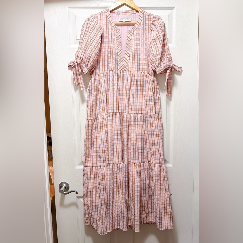 English Factory Pink Plaid Tiered Midi Dress